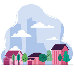 City landscape with houses trees and clouds design, architecture and urban theme Vector illustration