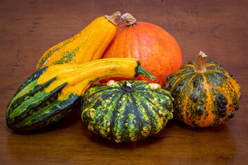 Autumn harvest. Composition of decorative pumpkins on a wooden table (Focus stacking)