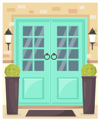 vector illustration of a double-leaf blue entrance door with glass windows. plants in tall pots and vintage wall lamps.facade for design, web, graphic.brick and stone wall.cartoon style.