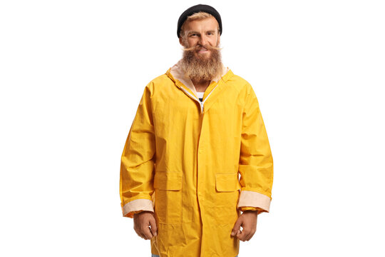 Bearded Fisherman With A Yellow Rain Coat Smiling