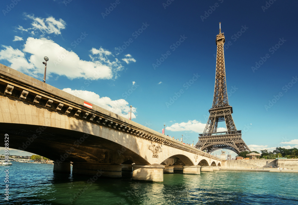 Poster seine in paris with eiffel tower in morning time