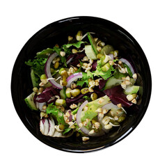 salad plate of fresh green cucumbers, celery, lettuce, red purple onions, raw buckwheat green sprouts, sprouted mung bean on a white background vegan food concept Salad with vegetables and greens
