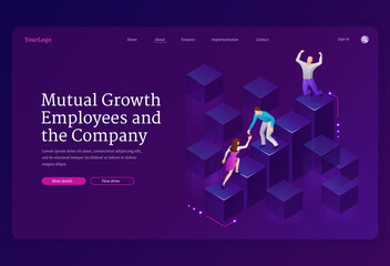 Mutual growth and assistance employees and company isometric landing page. Business team climbing up column chart, leader stand on top. Man pull teammate woman to peak, teamwork 3d vector web banner