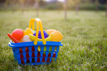 Bright plastic colorful basket with toy fruits and vegetables outdoors on sunny summer day.