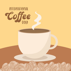 international coffee day with cup on plate and beans vector design