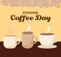 international coffee day with three mugs cup and beans vector design