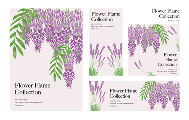 	藤とラベンダーの花フレームテンプレート素材：手描きのイラスト