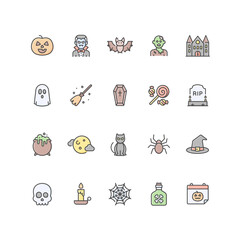 Set of Halloween icons in filled outline style.