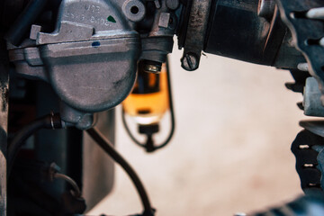 Closeup of a motorcycle parked in the streets of the city center of the metropolitan area
