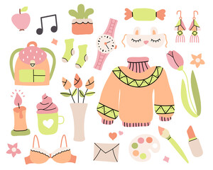 vector female elements of hobbies, beauty, cosmetics, clothing. hand drawn romantic objects. isolated on  white background. flat style.woman's things for web,graphic,design