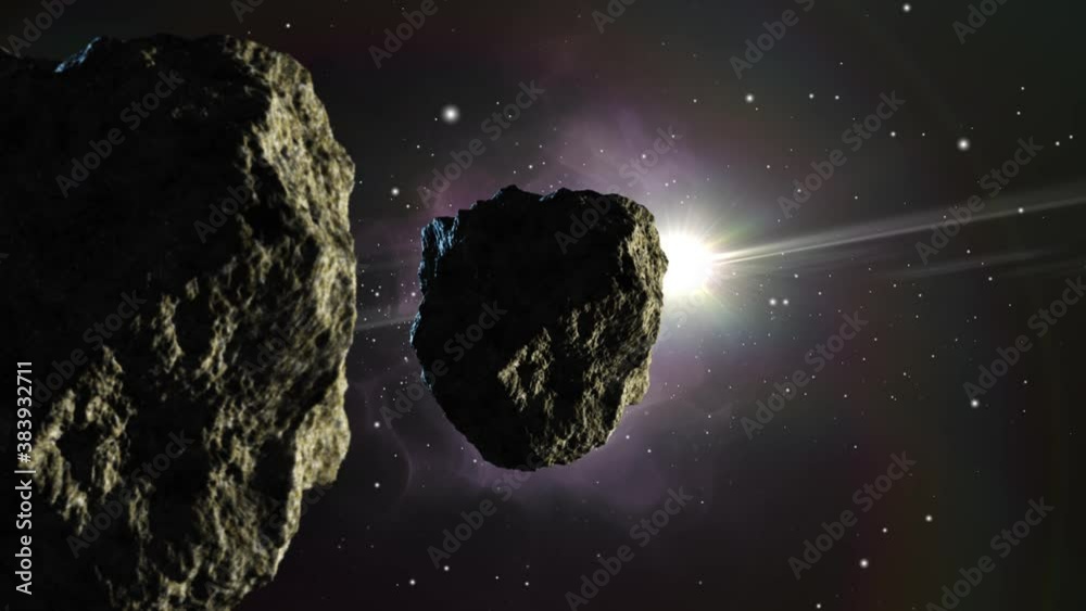 Wall mural point of view two asteroid rocks floating in space and a bright star.