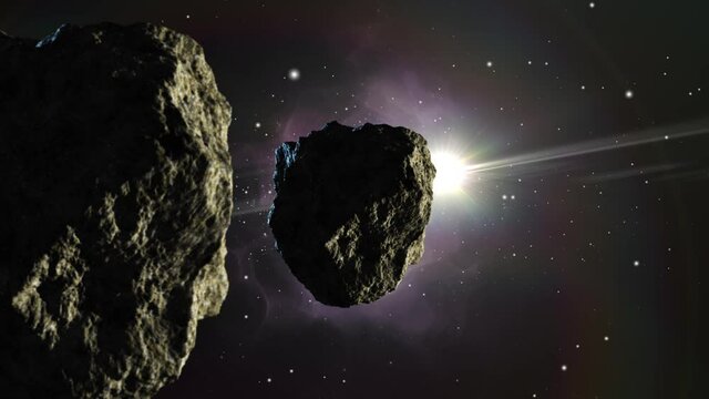 point of view two asteroid rocks floating in space and a bright star.