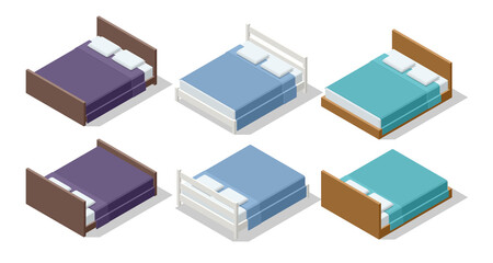 Isometric set furniture double bed illustration isolated on white background. Wooden double bed with linen