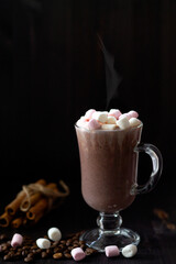 glass of cappuccino with cream on a dark table. cup of coffee and marshmallows with cinnamon sticks. hot chocolate on a wooden background. hot drinks winter and autumn. vertical. copy space.