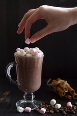 cup of coffee and marshmallows with cinnamon sticks. glass of cappuccino with cream on a dark table. hot chocolate on a wooden background. hot drinks winter and autumn. vertical. copy space.