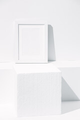 .Still life composition white minimal frame and cube, Fashion geometric winter concept