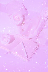 Fashion winter scene. Roses and textile decor. Noteebook mock-up Minimal stylish .sparkles design. Purple dreams