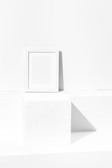 Still life composition white minimal frame and cube. Fashion geometric winter concept design