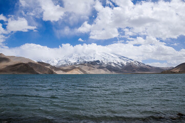 View of the karakoram mountain range from the Karakul lake, Xinjiang Province, China