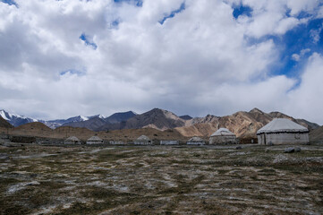 View of the karakoram mountain range from the Karakul lake, Xinjiang Province, China