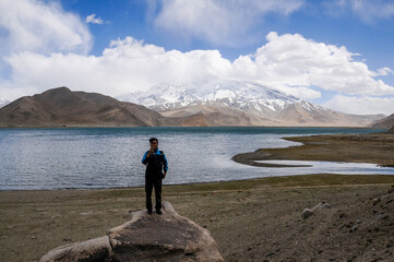 View of the karakoram mountain range from the Karakul lake, Xinjiang Province, China
