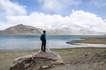 View of the karakoram mountain range from the Karakul lake, Xinjiang Province, China