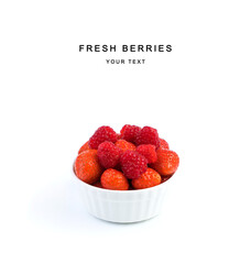 Fresh strawberries and raspberries in a white Cup isolated on a white background. Berry background. The concept of proper nutrition.