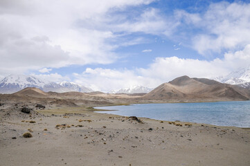 View of the karakoram mountain range from the Karakul lake, Xinjiang Province, China