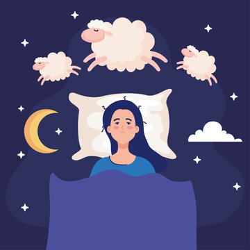 insomnia woman on bed with sheeps design, sleep and night theme Vector illustration