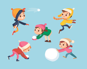 Children playing snowball fight and having funt. Little boy jumping and throwing a snowball. Kids making a snowballs.