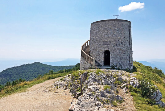 The Vojak observation Tower or Stone viewing tower at Vojak peak or Kula na Vojaku - Nature Park Ucka, Croatia / Razgledna kamena kula na Vojaku ili Vidikovac kula Vojak - Park prirode Učka, Hrvatska
