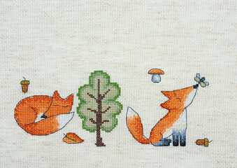 Cross stitch fox and trees