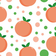 peach and circles in vector flat seamless pattern on white background. fruit, textiles, wrapping paper, scrapbook, wallpaper