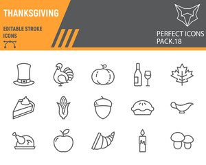 Thanksgiving line icon set, holiday collection, vector sketches, logo illustrations, thanksgiving day icons, celebration signs linear pictograms, editable stroke.