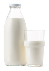 Obraz na płótnie Canvas Glass bottle and cup of fresh milk isolated