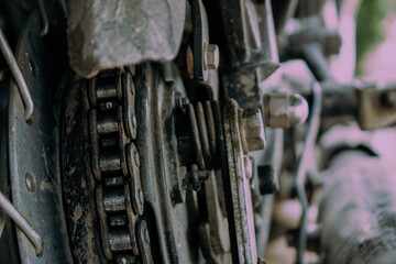 Closeup of a motorcycle parked in the streets of the city center of the metropolitan area
