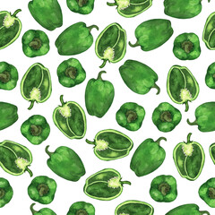 Seamless pattern with green bell pepper on white background. Hand drawn watercolor illustration.