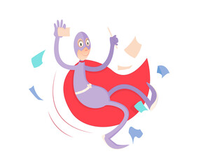 Happy Super purple man with colorful stickers and a pen in his hand. Vector illustration.