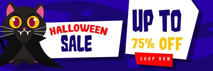 Halloween Event Sale Banner Discount Up To 75% With Cute Vampire Black Cat Background Flat Design