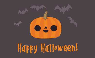 Happy Halloween design. Cute pumpkin with carved smile face, spooky season. Funny illustration. Trick or treat decoration.