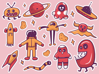 Colorful hand drawn Funny alien Monsters Stickers Collection