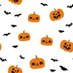 Pumpkins and bats halloween pattern. Seamless texture with cute and funny illustrations.