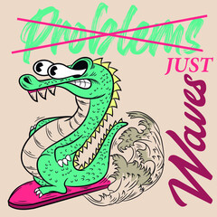 Illustration vector cool crocodile with big eyes and text for fashion design and surfboard with waves.
