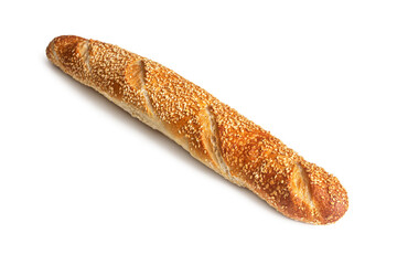 French baguette sprinkled with sesame seeds on a white background