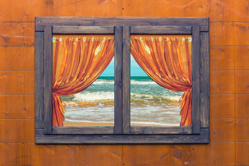 view of beach through a wooden window with golden curtains