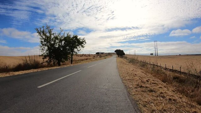 dolly move forward - N386 paved road through agricultural fields in summer next to Povoa de Sao Miguel, municipality of Moura, district of Beja, Alentejo, Portugal