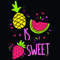 Summer lettering set with holiday elements. Watermelon, strawberry, lemonade. Vector illustration.