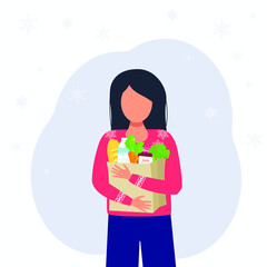 Girl with a package of groceries on New Year's Eve, in a New Year's sweater. On a background of snowflakes.