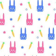 Colorful seamless pattern on white background with animals: hare, bunny, coney, rabbits with carrots. Decorative cute wallpaper for printing on paper or fabric.