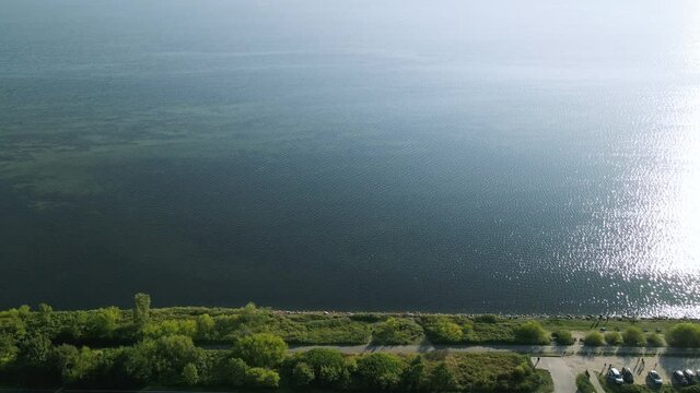 Slow push into infinite Baltica seawater from Kuznica coast Hel Peninsula, Poland, aerial straight forward movement